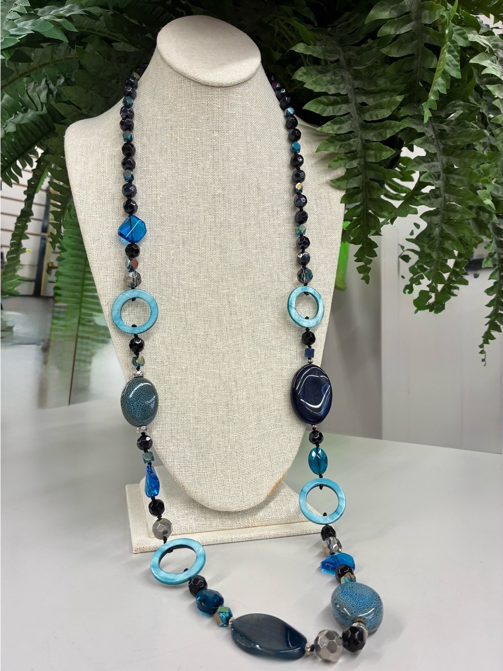 Artisan Sapphire Blue Glass Pottery Multi-Bead Statement Necklace - Picture 3 of 11